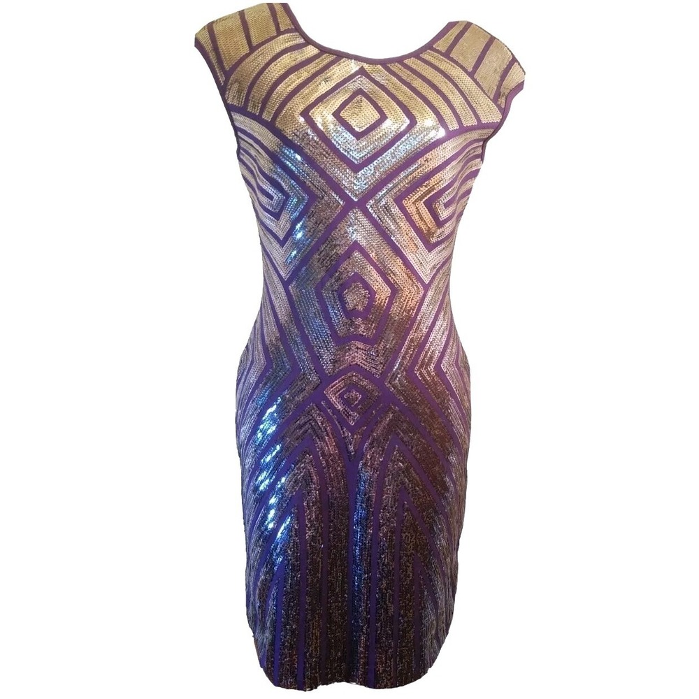 Bcbgmaxazria Womens Bodycon Dress Size Medium Purple Silver‎ Sexy Retro Shimmer
